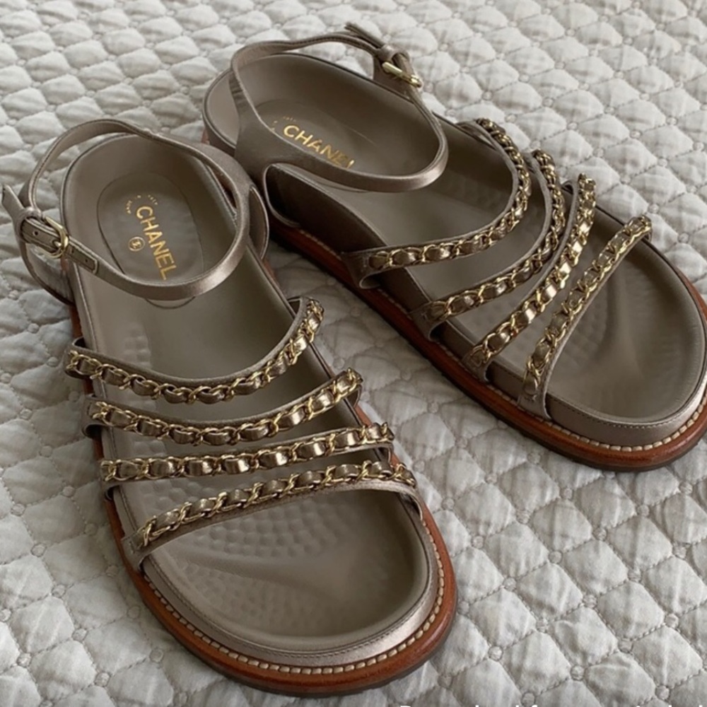 CHANEL satin chain sandals | Beige | Sizes: 38